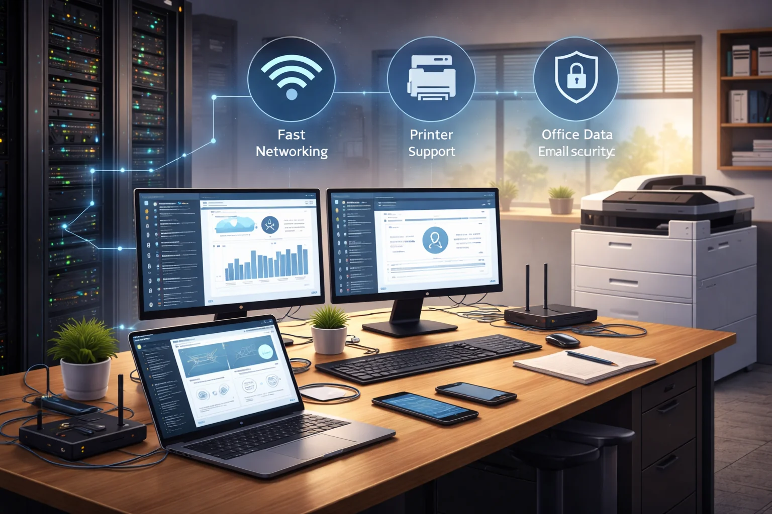 Modern office IT infrastructure with secure networking, servers, and connected workstations for Phoenix Valley businesses