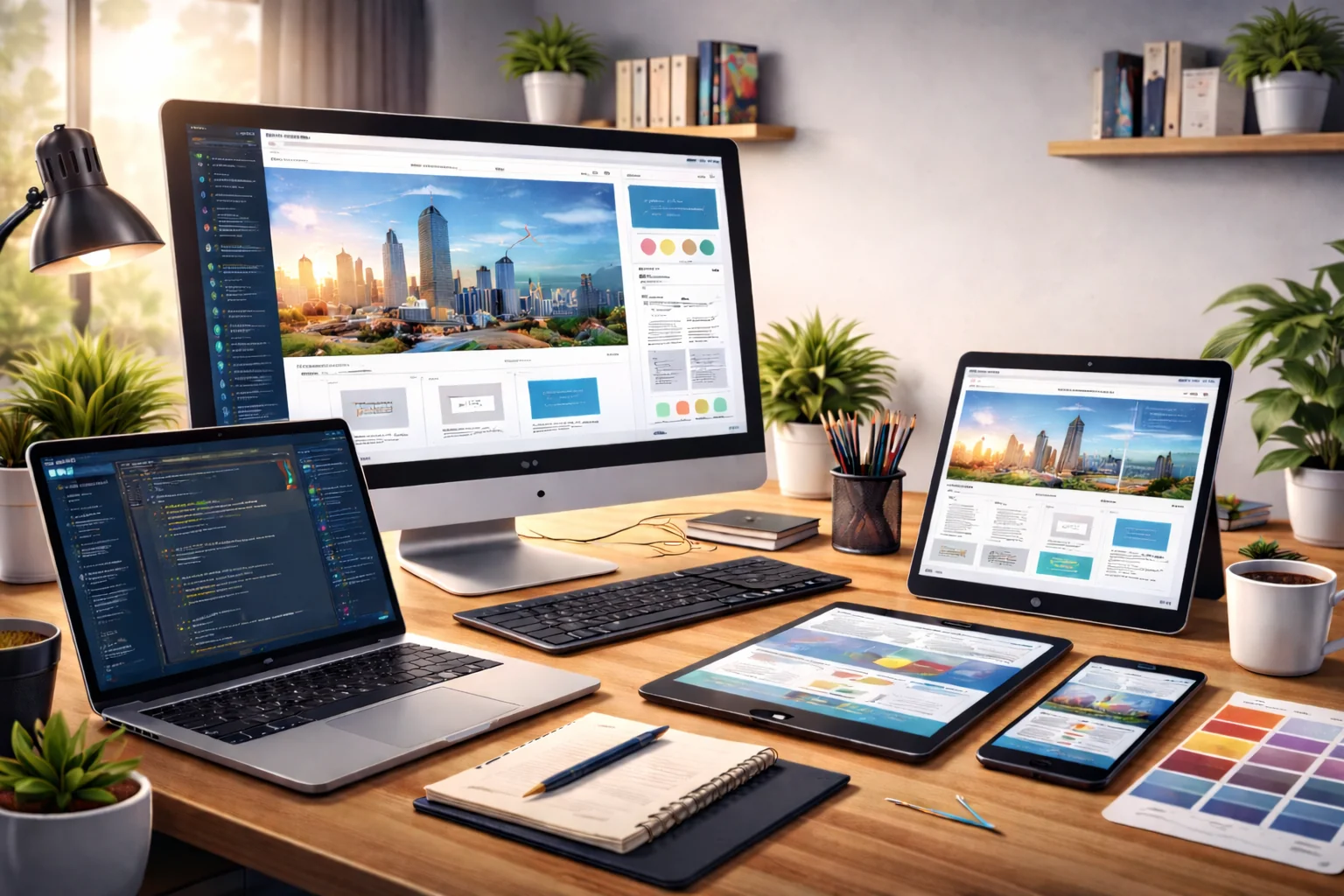 Modern web design and development workspace with responsive layouts across devices